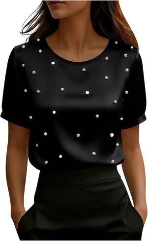 Women's Pearl Beaded Top Satin Silk Blouses Casual Dressy Sleeveless Shoulder Pad Tee T-Shirt Going Out Outfits in Saudi Arabia