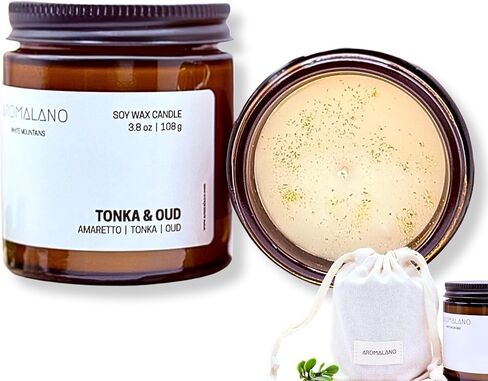 Scented Soy Candle, Hand-Poured in The White Mountains, Amber Glass Jar with Cotton Bag, 3.8 oz (Tonka & Oud) in Saudi Arabia