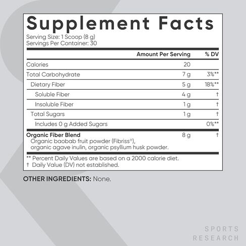 Sports Research® Organic Fiber Unflavored – Organic Fiber Powder - Daily Psyllium Husk and Prebiotic Agave Inulin, Helps Maintain Regularity* with Soluble & Insoluble Fiber - Easy to Mix, 30 Servings in Saudi Arabia