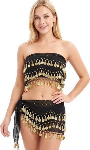 Jmkcoz 2 Pcs Belly Dance Hip Scarf, Women's Chiffon Coins Belly Dancing Scarf Skirt and Top Set for Yoga Halloween Costume in Saudi Arabia