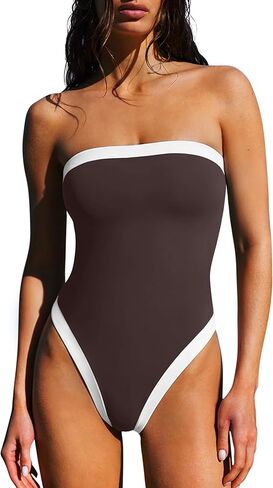 LASLULU Womens Sexy One Piece Swimsuit Strapless Padded Square Neck Bandeau Bathing Suits with Adjustable Spaghetti Straps in Saudi Arabia