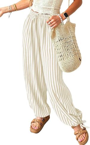 Acelitt Women Drawstring Elastic Waist Striped Pants with Pockets, S-XXL in Saudi Arabia