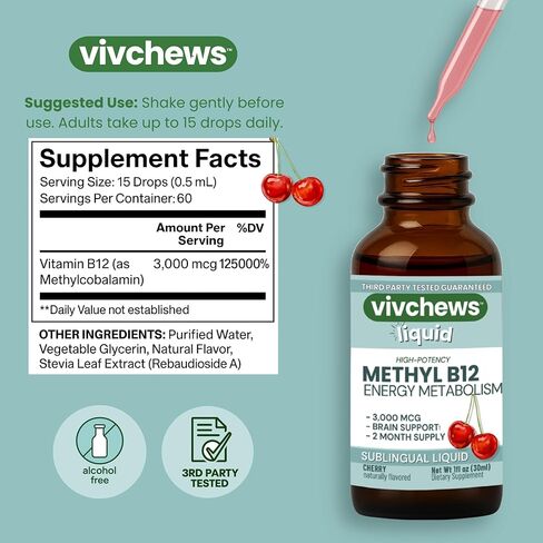 High-Potency Vegan Methyl B12 Liquid Drops for Energy & Brain Support, 3,000 mcg per Serving, Stevia-Sweetened, Non-GMO, Gluten-Free, Alcohol-Free, 2-Month Supply, Nothing Artificial in Saudi Arabia