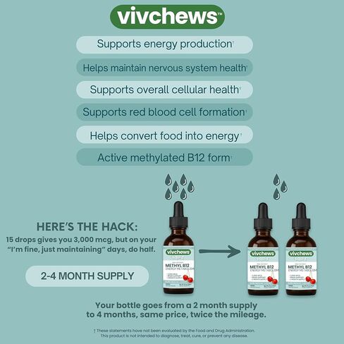 High-Potency Vegan Methyl B12 Liquid Drops for Energy & Brain Support, 3,000 mcg per Serving, Stevia-Sweetened, Non-GMO, Gluten-Free, Alcohol-Free, 2-Month Supply, Nothing Artificial in Saudi Arabia