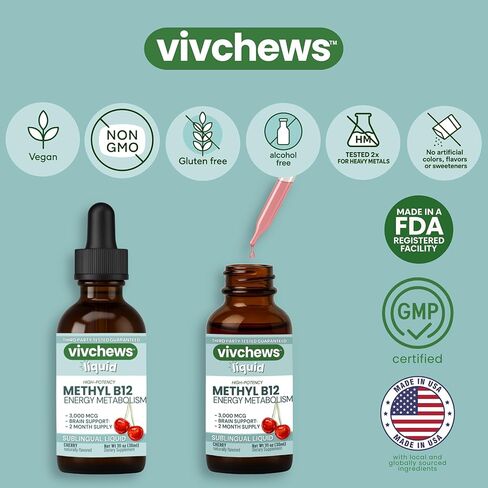High-Potency Vegan Methyl B12 Liquid Drops for Energy & Brain Support, 3,000 mcg per Serving, Stevia-Sweetened, Non-GMO, Gluten-Free, Alcohol-Free, 2-Month Supply, Nothing Artificial in Saudi Arabia