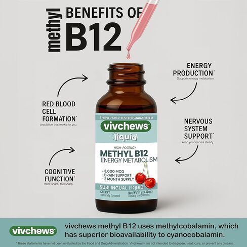 High-Potency Vegan Methyl B12 Liquid Drops for Energy & Brain Support, 3,000 mcg per Serving, Stevia-Sweetened, Non-GMO, Gluten-Free, Alcohol-Free, 2-Month Supply, Nothing Artificial in Saudi Arabia