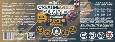 WellBoost Creatine Gold – 5000mg Creatine Monohydrate, Vegan, Sugar-Free Gummies for Lean Muscle Growth, Endurance, Recovery & Energy (1 Month Supply) with Mixed Berry Flavour. in Saudi Arabia