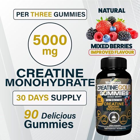 WellBoost Creatine Gold – 5000mg Creatine Monohydrate, Vegan, Sugar-Free Gummies for Lean Muscle Growth, Endurance, Recovery & Energy (1 Month Supply) with Mixed Berry Flavour. in Saudi Arabia