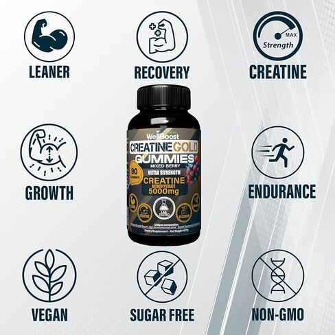 WellBoost Creatine Gold – 5000mg Creatine Monohydrate, Vegan, Sugar-Free Gummies for Lean Muscle Growth, Endurance, Recovery & Energy (1 Month Supply) with Mixed Berry Flavour. in Saudi Arabia