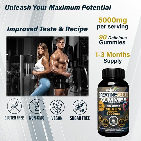 WellBoost Creatine Gold – 5000mg Creatine Monohydrate, Vegan, Sugar-Free Gummies for Lean Muscle Growth, Endurance, Recovery & Energy (1 Month Supply) with Mixed Berry Flavour. in Saudi Arabia