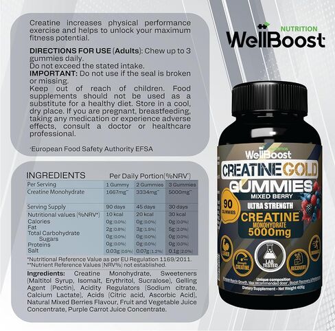 WellBoost Creatine Gold – 5000mg Creatine Monohydrate, Vegan, Sugar-Free Gummies for Lean Muscle Growth, Endurance, Recovery & Energy (1 Month Supply) with Mixed Berry Flavour. in Saudi Arabia