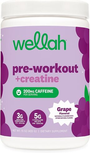 Wellah ما قبل التمرين + مسحوق الكرياتين (30 حصة) العنب - 200 مجم كافيين، 3 جم كرياتين مونوهيدرات، 5 جم سيترولين مالات، ما قبل التمرين مع مكمل الكرياتين in Kuwait