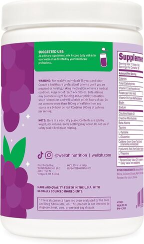 Wellah ما قبل التمرين + مسحوق الكرياتين (30 حصة) العنب - 200 مجم كافيين، 3 جم كرياتين مونوهيدرات، 5 جم سيترولين مالات، ما قبل التمرين مع مكمل الكرياتين in Kuwait
