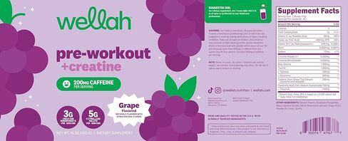 Wellah ما قبل التمرين + مسحوق الكرياتين (30 حصة) العنب - 200 مجم كافيين، 3 جم كرياتين مونوهيدرات، 5 جم سيترولين مالات، ما قبل التمرين مع مكمل الكرياتين in Kuwait