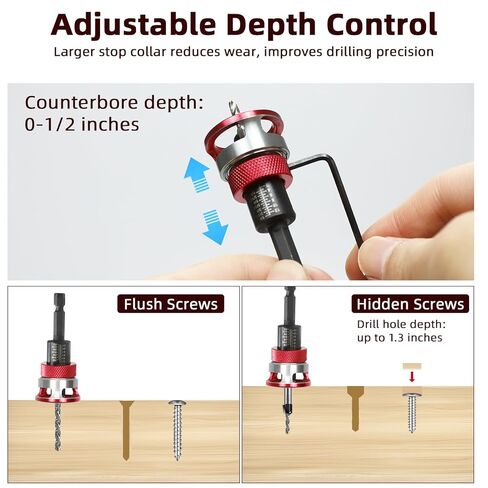 7-Piece Countersink Drill Bit Set with Aluminum Alloy Stop Collar, a Screwdriver Bit, 5 HSS M2 Tapered Bits and a Wrench, 1/4" Hex Shank Countersink Drill Bit for Woodworking in Saudi Arabia