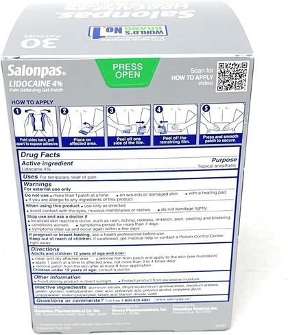 Salonpas LIDOCAINE 4% Pain Relieving Gel-Patch, 30 Patches(Packaging May Vary) in Saudi Arabia