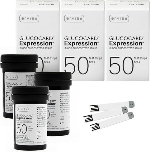 شرائط اختبار الجلوكوز في الدم من ARKRAY GLUCOCARD - بدون ترميز، 0.8 ميكروليتر ونتائج سريعة خلال 6 ثوانٍ - متوافقة مع جهاز قياس السكر في الدم من GLUCOCARD - عدد 200 (4 عبوات من 50) in Kuwait