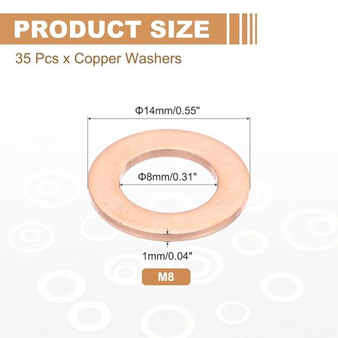 PATIKIL 35PCS M8 Copper Washers, M8x14x1mm Copper Crush Washer Metric Flat Washers Sealing Washers Assortment Kit Oil Drain Plug Gasket Ring for Automotive Battery Vehicles Screws Bolt in Saudi Arabia