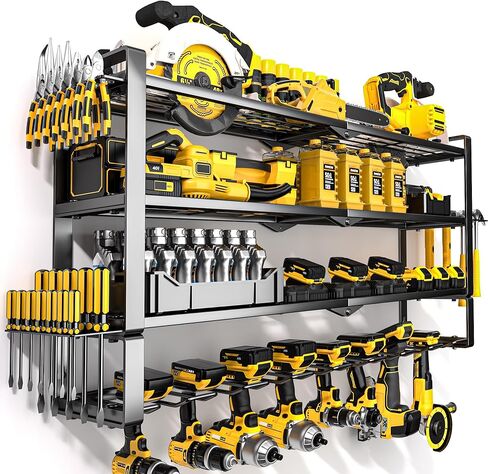MOOMSINE Large Power Tool Organizer Wall Mount, 4-Tier Heavy Duty Metal Storage Rack Loads 400lbs, Battery Tools Hanger with 8 Cordless Drill Holder for Garage, Workshop, Pegboard, Shed in Saudi Arabia