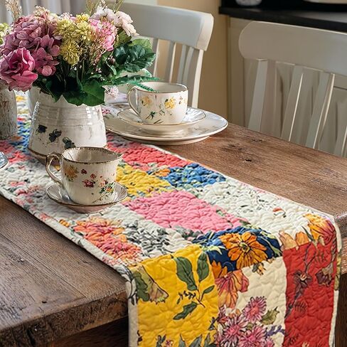 Quilted Cotton Patchwork Floral Table Runner – Reversible Vintage Farmhouse Table Runner, 13" x 74" for Dining Table, Coffee Table & Buffet in Saudi Arabia