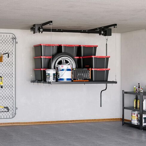 GarveeTech Overhead Garage Storage Rack, Heavy Duty Adjustable 4x4 ft Ceiling Mounted Storage Racks, 350 Lb Capacity Overhead Garage Storage Rack with Manual Safety Lock for Garage Ceiling Storage in Saudi Arabia