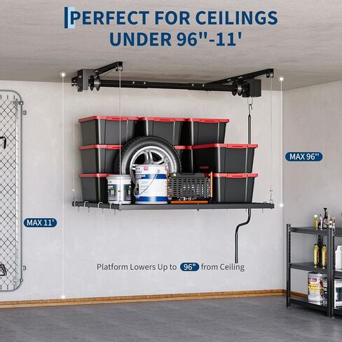GarveeTech Overhead Garage Storage Rack, Heavy Duty Adjustable 4x4 ft Ceiling Mounted Storage Racks, 350 Lb Capacity Overhead Garage Storage Rack with Manual Safety Lock for Garage Ceiling Storage in Saudi Arabia