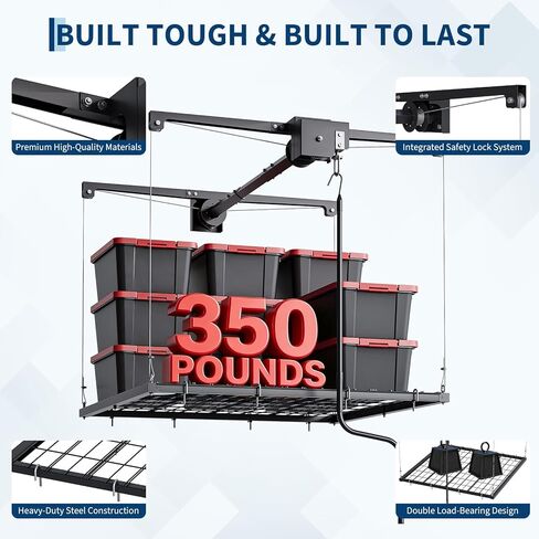 GarveeTech Overhead Garage Storage Rack, Heavy Duty Adjustable 4x4 ft Ceiling Mounted Storage Racks, 350 Lb Capacity Overhead Garage Storage Rack with Manual Safety Lock for Garage Ceiling Storage in Saudi Arabia