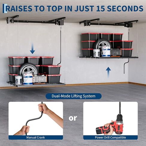 GarveeTech Overhead Garage Storage Rack, Heavy Duty Adjustable 4x4 ft Ceiling Mounted Storage Racks, 350 Lb Capacity Overhead Garage Storage Rack with Manual Safety Lock for Garage Ceiling Storage in Saudi Arabia