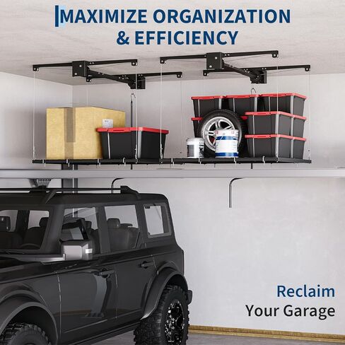 GarveeTech Overhead Garage Storage Rack, Heavy Duty Adjustable 4x4 ft Ceiling Mounted Storage Racks, 350 Lb Capacity Overhead Garage Storage Rack with Manual Safety Lock for Garage Ceiling Storage in Saudi Arabia