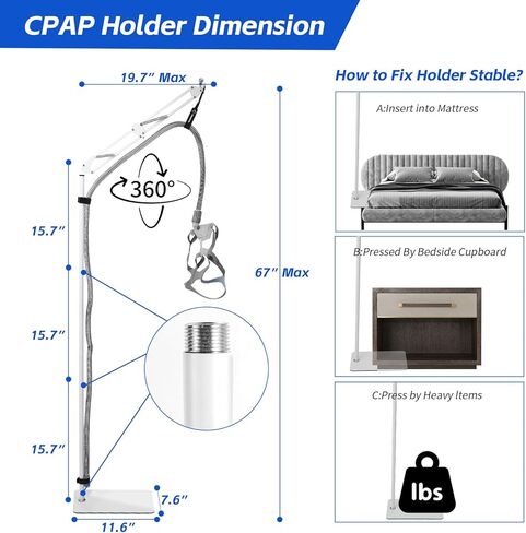 CPAP خرطوم أنبوب حامل رافع المشبك مشبك خطاف دعم مجموعة تخزين بجانب السرير _ هيكل معدني قوي _ 5.6 قدم أقصى ارتفاع زاوية قابل للتعديل _ يمنع تسرب الهواء المتشابك السائب (لون أبيض) in Saudi Arabia