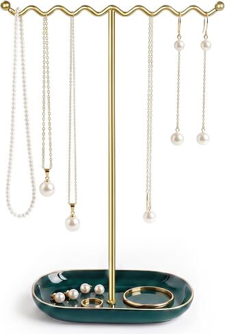 Elegant Jewelry Holder Stand: Metal Tree & Ceramic Tray Organizer for Necklaces, Rings, Earrings - Durable, Rustproof Display Holder Easy to Access Deluxe White in Saudi Arabia