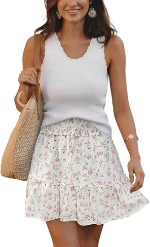 Women’s Mini Skirts Boho Floral High Waist Ruffle Tiered Chiffon Flowy A-Line Beach Casual Cute Short Skirt in Saudi Arabia