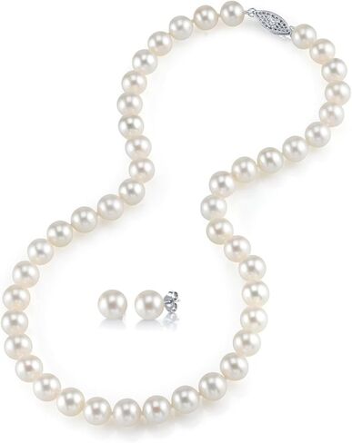 The Pearl Source Freshwater Pearl Necklace and Earrings for Women, 6.0mm - Genuine Cultured White Pearls in 14K White Gold, Hypoallergenic Jewelry - Pearl Strand Necklace & Matching Earrings in Saudi Arabia