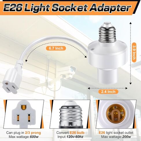 Enhon 1 Pcs 3 in 1 Light Socket Outlet Adapter, E26 Light Socket to Plug Adapter with Extension Cord, 3 Prong Bulb Outlet Converter for Indoor Outdoor Garage, Porch, Patio, Camera, LED Strip (White) in Saudi Arabia