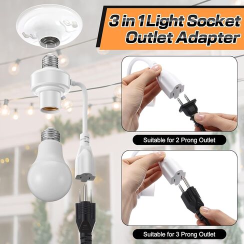 Enhon 1 Pcs 3 in 1 Light Socket Outlet Adapter, E26 Light Socket to Plug Adapter with Extension Cord, 3 Prong Bulb Outlet Converter for Indoor Outdoor Garage, Porch, Patio, Camera, LED Strip (White) in Saudi Arabia