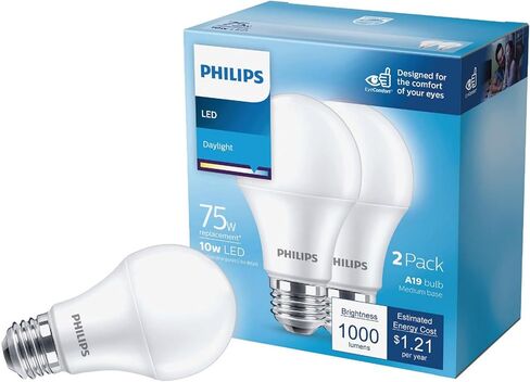Philips LED Frosted Dimmable A19 Light Bulb - EyeComfort Flicker Free - 12.2W=75W - 1100 Lumen - Daylight (5000K) - E26 Base - Indoor - Title 20 - Pack of 2 in Saudi Arabia