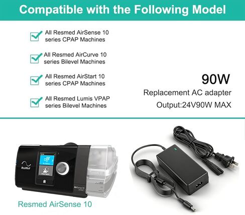محول تيار متردد 90 وات لجهاز Resmed Airsense 10 S10 AirCurve 10 Series CPAP وBiPAP Lumis VPAP BiLevel Machine، 90W S10 370001 37344 37028 شاحن سلك الطاقة in Kuwait