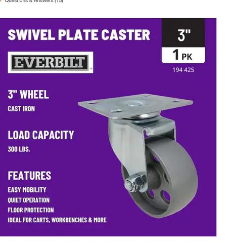 Everbilt 3 بوصة. عجلة ذات لوحة دوارة من الحديد الزهر باللون الرمادي بوزن 300 رطل. تصنيف الحمل in Kuwait