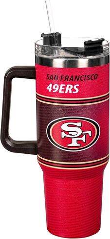 كوب NFL San Francisco 49ers من الفولاذ المقاوم للصدأ مع مقبض وقش، كوب معزول بجدار مزدوج سعة 40 أونصة مع غطاء، زجاجة مياه خالية من البيسفينول A، كوب سفر لكرة القدم مرخص رسميًا للقهوة والشاي in Saudi Arabia