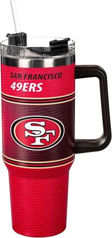 كوب NFL San Francisco 49ers من الفولاذ المقاوم للصدأ مع مقبض وقش، كوب معزول بجدار مزدوج سعة 40 أونصة مع غطاء، زجاجة مياه خالية من البيسفينول A، كوب سفر لكرة القدم مرخص رسميًا للقهوة والشاي in Saudi Arabia