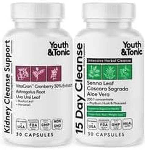 يوث آند تونيك لتنظيف القولون والكلى لمدة 15 يومًا - يدعم الإمساك والانتفاخ في بعض الأحيان؛ صحة المسالك البولية - السنا والتوت البري - 60 حبة للرجال والنساء in Kuwait