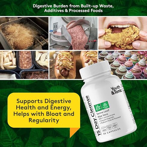 يوث آند تونيك لتنظيف القولون والكلى لمدة 15 يومًا - يدعم الإمساك والانتفاخ في بعض الأحيان؛ صحة المسالك البولية - السنا والتوت البري - 60 حبة للرجال والنساء in Kuwait