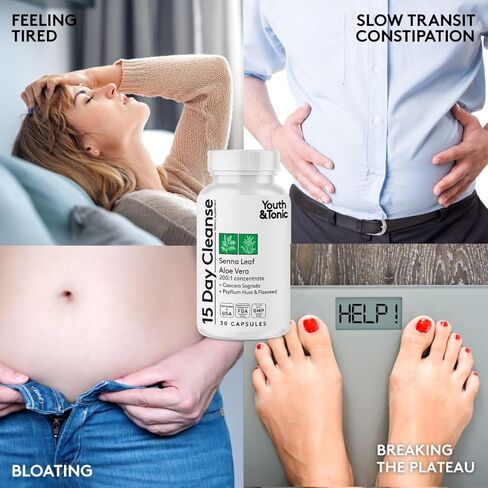 يوث آند تونيك لتنظيف القولون والكلى لمدة 15 يومًا - يدعم الإمساك والانتفاخ في بعض الأحيان؛ صحة المسالك البولية - السنا والتوت البري - 60 حبة للرجال والنساء in Kuwait