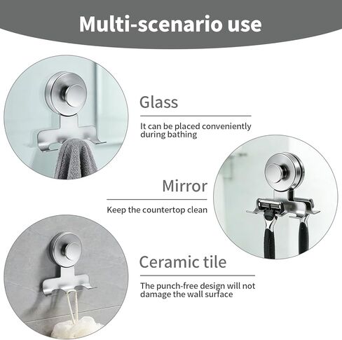 Suction Cup Razor Holder,Stainless Steel Wall Mount Hooks,Heavy-Duty to 15 lbs,No-Drill Shower Hooks for Razors, Towels and Loofahs (Brushed Silver, 2 Pack) in Saudi Arabia