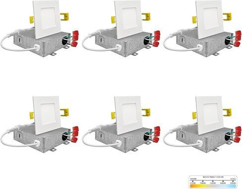 NUWATT 6 عبوات 3 بوصات مربعة رفيعة جدًا من إضاءة LED غائرة، يمكن اختيارها 2700K/3000K/3500K/4000K/5000K، 550 لومن قابلة للتعتيم، تصنيف IC، ضوء لوحة نحيف أبيض، أضواء رقاقة بدون كان، صندوق J معدني in Saudi Arabia