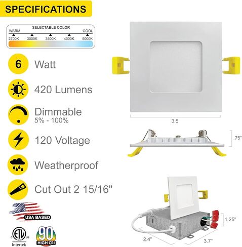 NUWATT 6 عبوات 3 بوصات مربعة رفيعة جدًا من إضاءة LED غائرة، يمكن اختيارها 2700K/3000K/3500K/4000K/5000K، 550 لومن قابلة للتعتيم، تصنيف IC، ضوء لوحة نحيف أبيض، أضواء رقاقة بدون كان، صندوق J معدني in Saudi Arabia