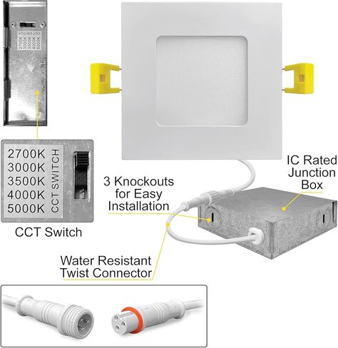 NUWATT 6 عبوات 3 بوصات مربعة رفيعة جدًا من إضاءة LED غائرة، يمكن اختيارها 2700K/3000K/3500K/4000K/5000K، 550 لومن قابلة للتعتيم، تصنيف IC، ضوء لوحة نحيف أبيض، أضواء رقاقة بدون كان، صندوق J معدني in Saudi Arabia