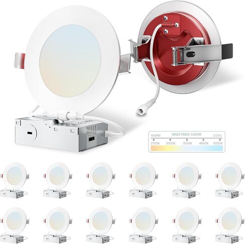 12 Pack 4 Inch Fire Rated Led Recessed Light with Junction Box, 2 Hour Fire Rating,5CCT Selectable Led Ultra Thin Recessed Lighting,9W 700LM CRI90,Dimmable Led Wafer Light,ETL& ES in Saudi Arabia