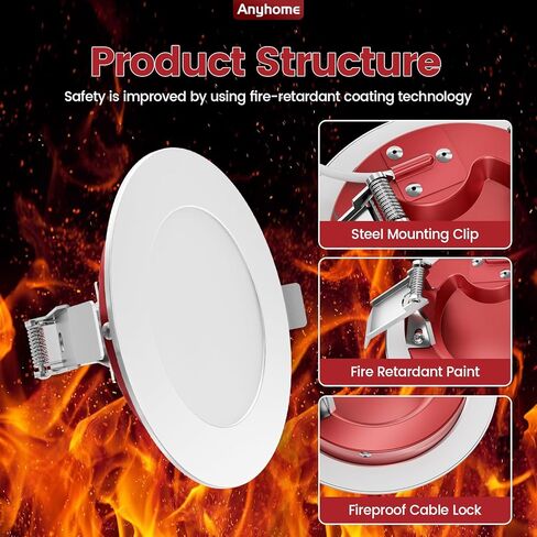 12 Pack 4 Inch Fire Rated Led Recessed Light with Junction Box, 2 Hour Fire Rating,5CCT Selectable Led Ultra Thin Recessed Lighting,9W 700LM CRI90,Dimmable Led Wafer Light,ETL& ES in Saudi Arabia