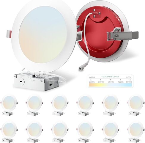 12 Pack 4 Inch Fire Rated Led Recessed Light with Junction Box, 2 Hour Fire Rating,5CCT Selectable Led Ultra Thin Recessed Lighting,9W 700LM CRI90,Dimmable Led Wafer Light,ETL& ES in Saudi Arabia